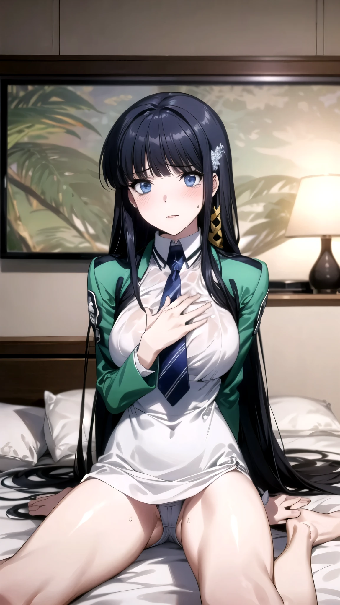 1 personの, alone, masterpiece, Highest quality, 
The Irregular at Magic High School, Miyuki Shiba, Shiba Miyuki, Iris, blue eyes, tsurime, eyelash, Black Hair, Long Hair, Hime cut, Straight hair, Blunt bangs, blunt end, Side Lock, hair ornaments, snowflake hair ornaments, First high school uniform, dress, white dress, collared dress, pencil dress, tie, black tie, short tie, Jacket, green Jacket, cropped Jacket, open Jacket, Long sleeve, Large Breasts,
(masterpiece: 1.3), (Maximum resolution: 1.2), (Ultra High Definition TV: 1.2), Cinematic Light, 8k resolution, Detailed facial features , (Sharp focus: 1.2）, (Focus on the face:1.2),Perfect Style, Beautiful Face, Acura, Anatomically correct, Highly detailed face and skin texture, Beautiful Eyes,Beautiful Eyes, Thin eyebrows, Natural Cheeks, Glowing Skin, Fair skin: 1.2, (Glossy Lips: 1.4),、 (Embarrassed look: 1.2),Highly detailed face and skin texture, Natural Cheeks, , Glossy Lips: 1.4,Perfect Style、Cleavage、Soft Breasts、（Semen on chest:1.6）（Cum on thighs 1.5）、 Sperm on tongue、Drenched in sweat、Wet clothes、blush、A humiliating look、Anxious expression、Frightened expression、Embarrassed look、Glare、anger、sorrow、tears、Open your knees、Spread your legs、 White underwear、Disheveled clothes、sweating、Thin underwear、18-year-old、 clear, A clean-cut woman,1 person、 Upward-facing chest, Black Hair、blue eyes、Beautiful Eyes、Torn clothing、masturbation behavior、At the bed、（On my back、At the bedLying down、Lying down、White sheets:1.7）、avert your eyes、Straight Long Hair