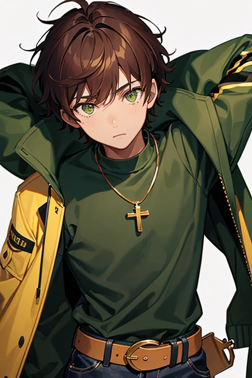 16 year old black boy, reddish brown hair short messy side cut, green eyes, green jacket, yellow shirt, blue jeans, slim build, black belt, necklace with a gold cross, looking directly at viewer, white background.