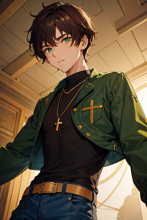 16 year old black boy, reddish brown hair short messy side cut, green eyes, green jacket, yellow shirt, blue jeans, slim build, black belt, necklace with a gold cross, looking directly at viewer, white background.