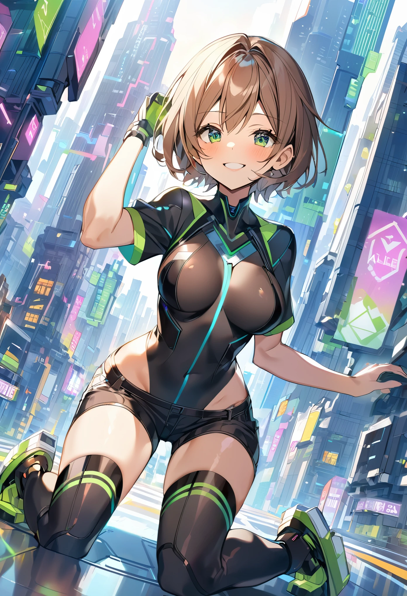 aile_megamanzx, kneeling with one hand on the ground and the other arm raised, 1girl, solo, short hair, brown hair, short sleeves, (bodysuit), robot ears, green eyes, (very_short_shorts:1.3), short sleeves, short over long sleeves, smile, in futuristic city, , high quality, medium_breasts,crotch, slouch,groin,dynamic_angle