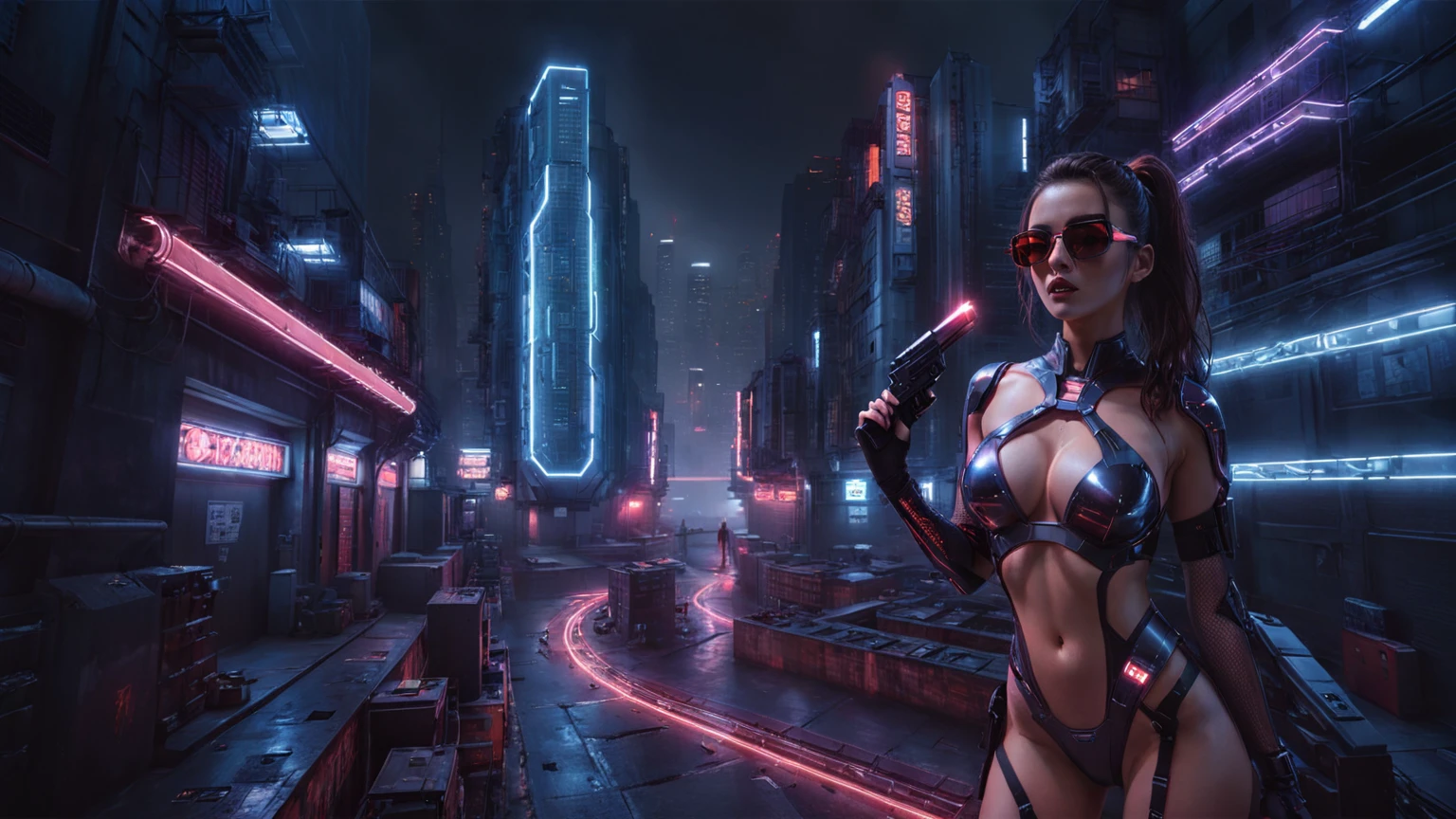 (High view). There's a cyborg woman (8k) wearing a futuristic leotard (best quality) standing in a cyberpunk city alley at night, darksynth aesthetic, red neons, haze, 1drone, foggy night, ultra detailed, photorealistic, (1girl, solo, alone), large-breast:1.2 slim body, cleavage:1.1, (black sunglasses), (holding a pistol), half-body thigh level medium shot, cinematic lighting, ray tracing.