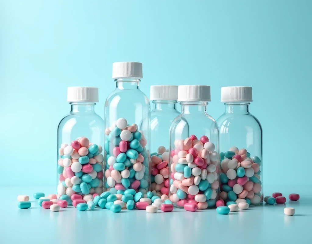 Five transparent plastic bottles containing colorful capsules and tablets pour out against a light blue background.