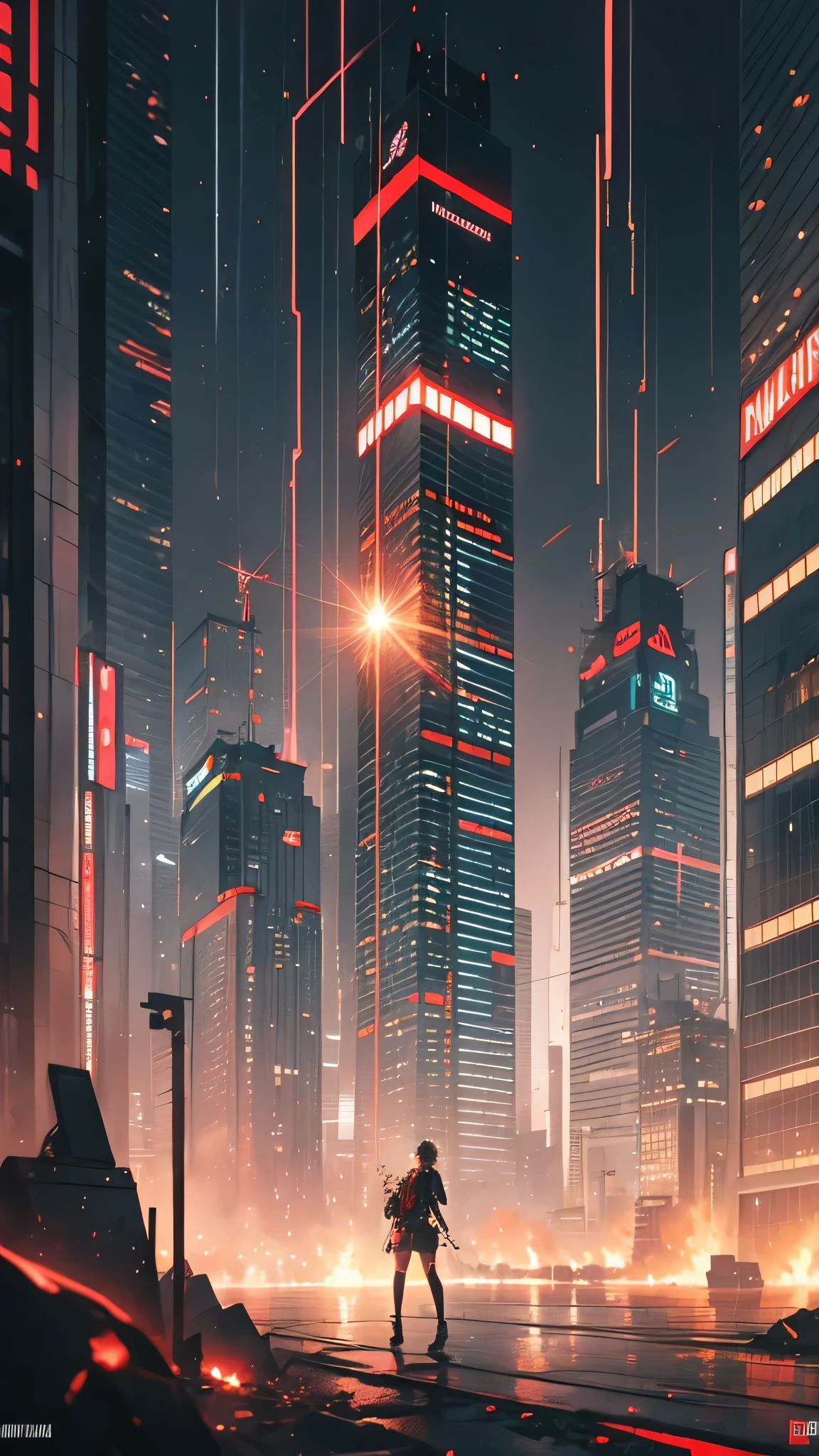 (masterpiece:1.3), (Best Cinematic Quality:1.2), (Very detailed settings:2), (soft+Artistic lighting), (One person), ショートヘアred, (eye+yellow+red:1.4), (multicolored eye+Heterochromia iridis), wearing cyberpunk clothes, Futuristic, Technical, Cityscape (Around the robot)0.4], Creating a dramatic landscape.