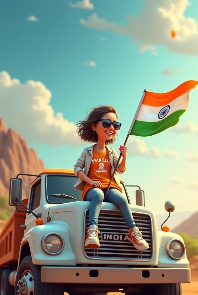 2. Create an Real image featuring a young girl sitting on the hood of a white and orange truck, with india’s scenic background. He’s holding a flag celebrating india’s 15th August. The girl wears a orange and white T-shirt with “PRIYA DHARSHINI” printed on it, white jacket, white orange, black shoes, and sunglasses.