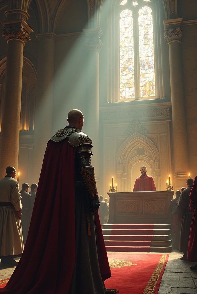 A Templar knight without a helmet inside a church next to a window. Rays of light enter through the window while the knight looks at the priest who is on the stage