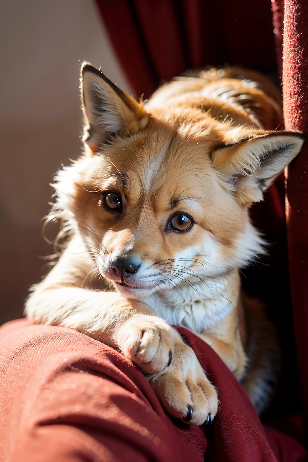 (fox), four legs, detailed view, ((animal)), ((Detailed Fur)), Fluffy Fur, Soft Fur, ((Detailed)), (Best Quality), [background:Red cloth], realistic, Photographic lighting,