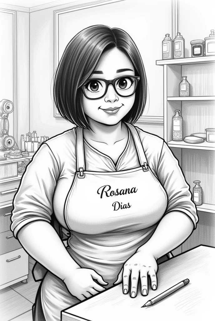 Drawing of a woman with brown mother, short straight black hair, fat, fat face, glasses, in a beauty salon, with an apron with the name Rosana Dias