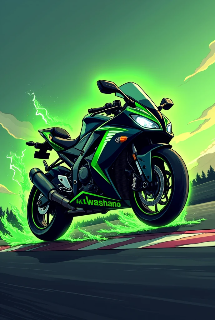 a logo themed on the black silhouette Green lightning bolt in the shape of a Kawasaki Ninja 300 motorcycle of cylinder capacity, falling on the track, The bike is in profile and under the surface it says "Green ray" "You don't need wings to fly" in Spanish, It's a cartoon and eye-catching