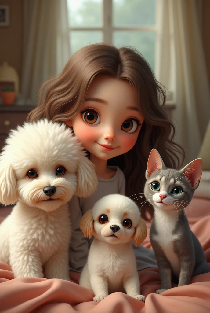 Girl with the following physical characteristics: brown wavy hair, large eyes, round, rosy cheeks. Must have three pets: a white poodle, A small, white, short-haired Chihuahua with a circular brown spot around one eye, and also a light gray cat with white that goes like a line from the eyes to the whole muzzle. 