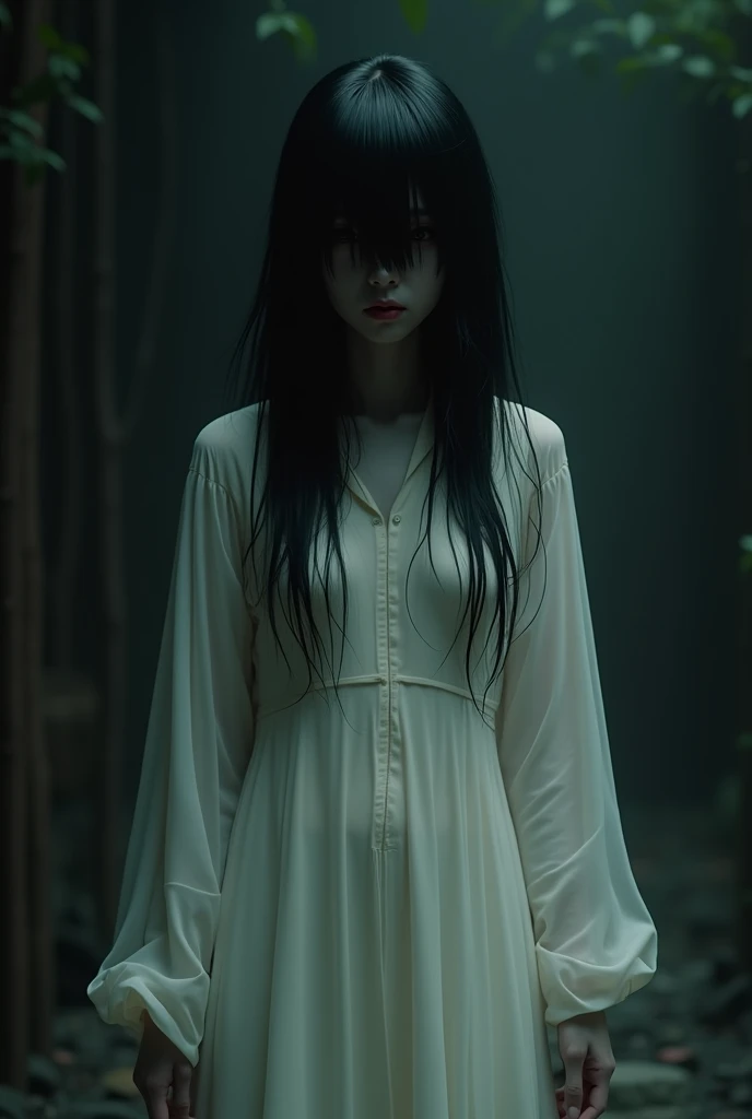 Sadako from the Ring movie in a transparent outfit and without a bra.