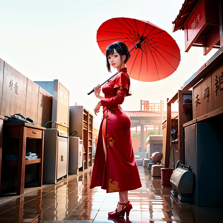 red chinese dress, 1 girl, standing alone, Bblack hair, shorth hair, trunk, ssmile, parasol, mature woman,