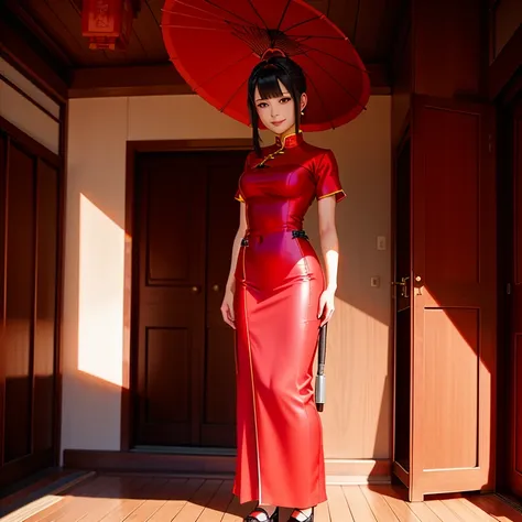 red chinese dress, 1 girl, standing alone, bblack hair, shorth hair, trunk, ssmile, parasol, mature woman,