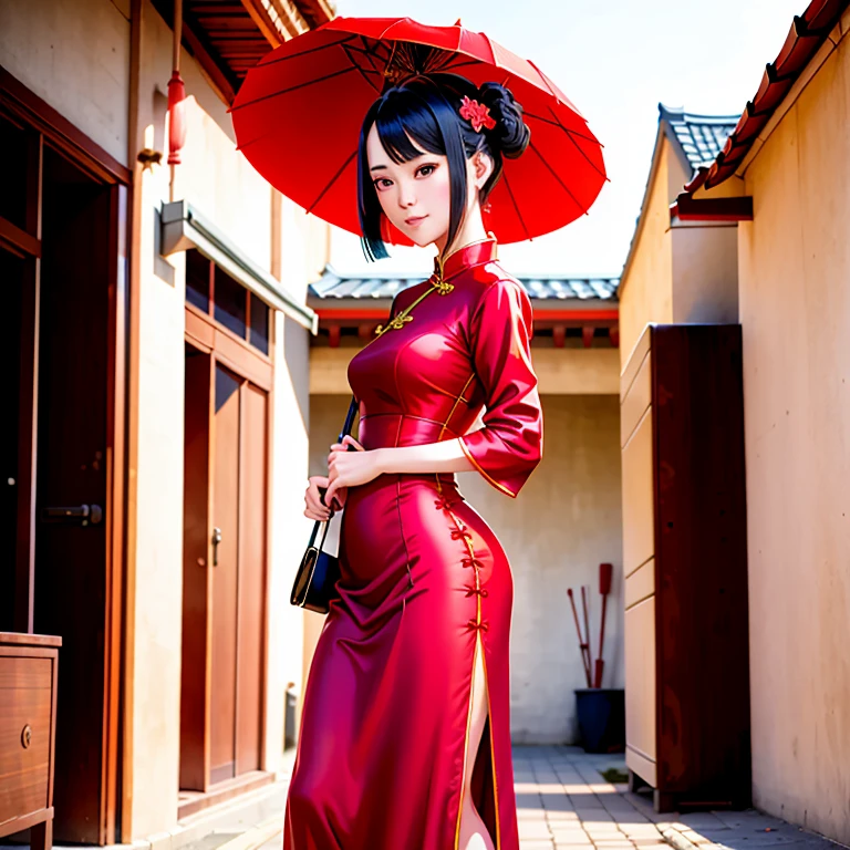 red chinese dress, 1 girl, standing alone, Bblack hair, shorth hair, trunk, ssmile, parasol, mature woman,