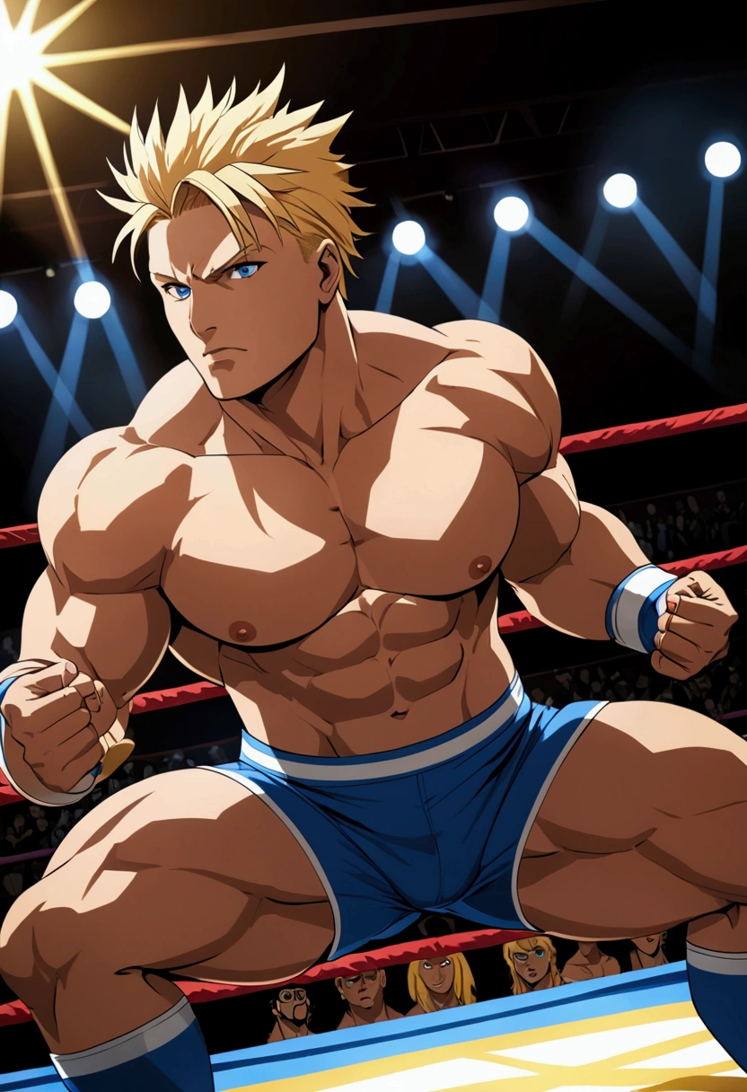 1guy, solid dude, gallant beau, blonde, tsurime, sanpaku, blue eyes, spiked hair, 24yo, heavy weight muscular, handsome wrestler, BREAK ideal ratio body proportions, stocky waist, sharp eyes, beautiful detailed eyes, toned body, elder chinpira, dark pupil, masculine playboy, BREAK solo, topless, black wrestling bikini, nipples, abs, fighting stance, on wrestling ring, detailed background, hollywood action, cool emotion, BREAK upperlegs focus, dramatic expression, 1990s, in capcom art style, in color comic style, in game illustration style, depth of field, dutch angle, cinematic shadows, cinematic lighting, lens flare, light leaks, VHS Quality, texture, absurdres absolutely resolution, extreme all detailed, greatest painting, BREAK masterpiece, best quality