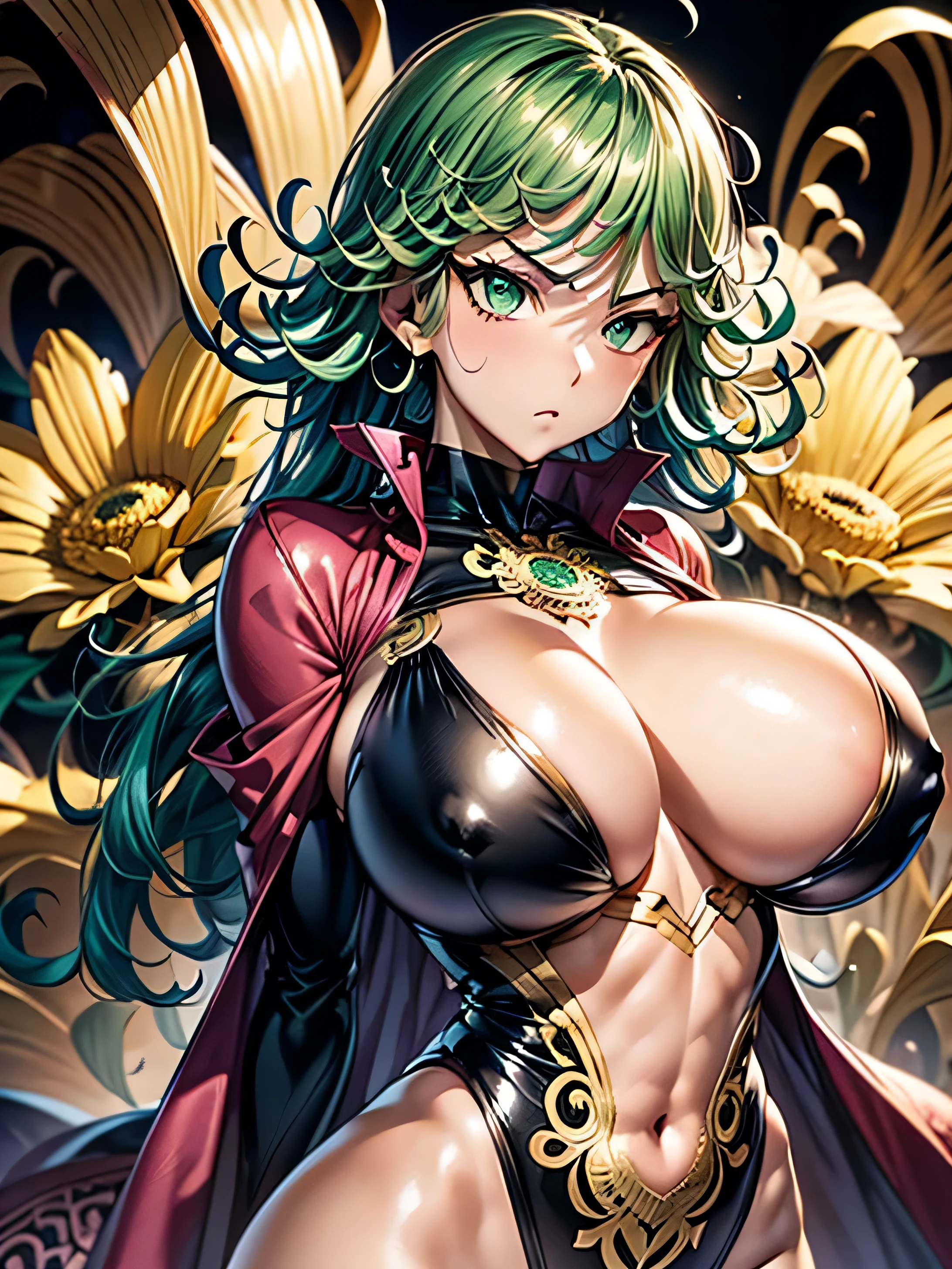 (Tatsumaki), (One Punch Man), big detailed green eyes, green hair, (green eyes), green and gold color palette, Official art, Unity 8k Wallpaper, Ultra-detail, Beautiful and aesthetic, masterpiece, Best Quality, (zentangle, mandalas, Tangle, Entangle), (fractal art:1.3) , 1girl, (huge ????), Extremely detailed, Dynamic Angle, Most Beautiful Form of Chaos, elegant, a brutalist designed, vivd colour, romanticism, Atmospheric, arms behind back, (gold metallic pasties), shiny skin, ???? pose, ((black background)), gold dust, heavy blushing, upper body, straight on, gold metallic flowers, ornate gold elements, gold overload,