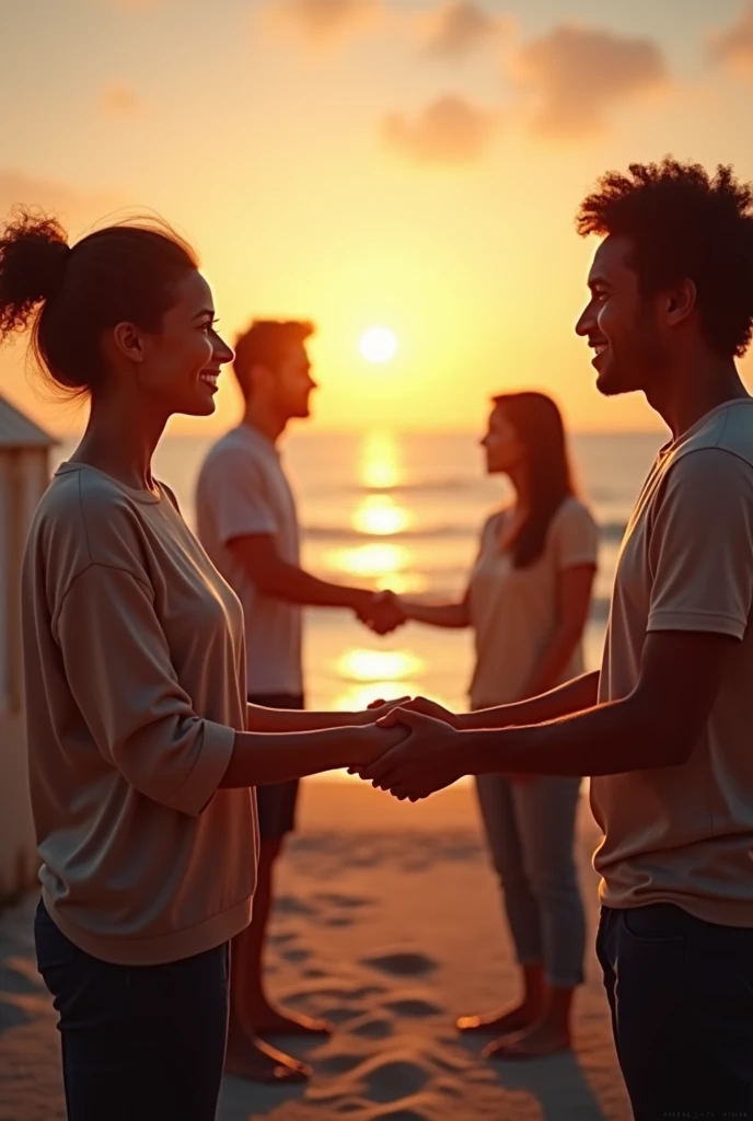 The background is a sea with a sunset.、A realistic image of households shaking hands with each other