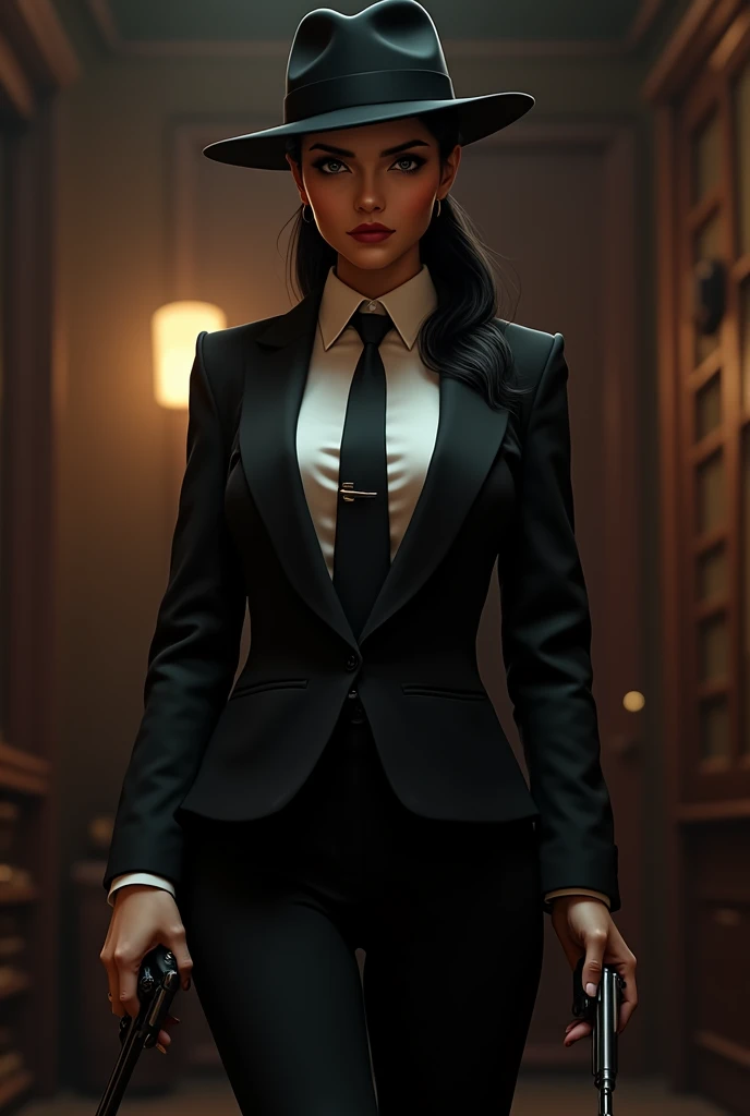 Sonata Dusk as Michael corleone with black hair color female ponytail with black suit white shirt and black necktie with a revolver gun and Fedora Godfatger 1945