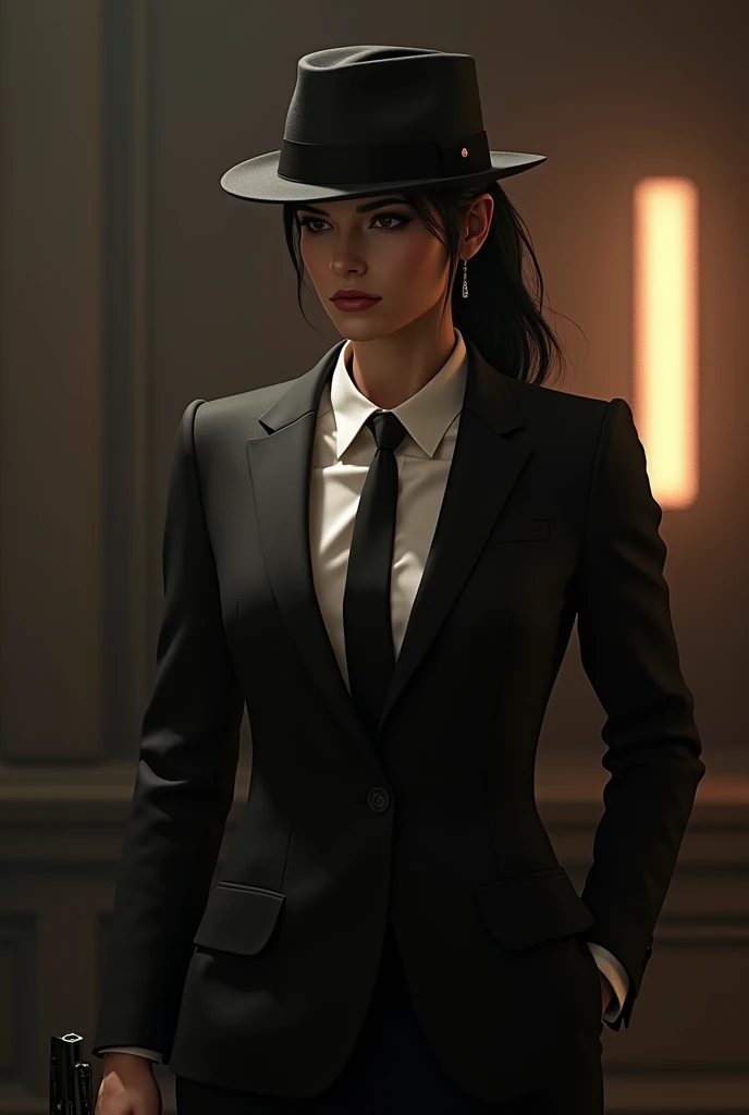 Sonata Dusk as Michael corleone with black hair color female ponytail with black suit white shirt and black necktie with a revolver gun and Fedora Godfatger 1945