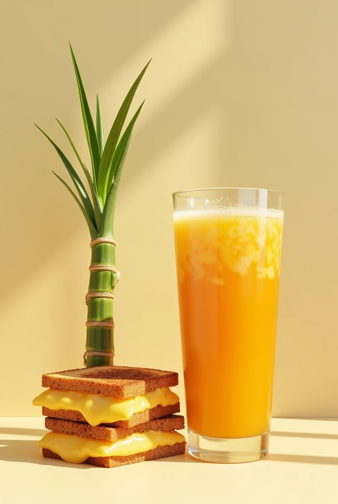 create an image that has cane juice (with a sugarcane stick next to it) and vegan grilled cheese (sandwich)