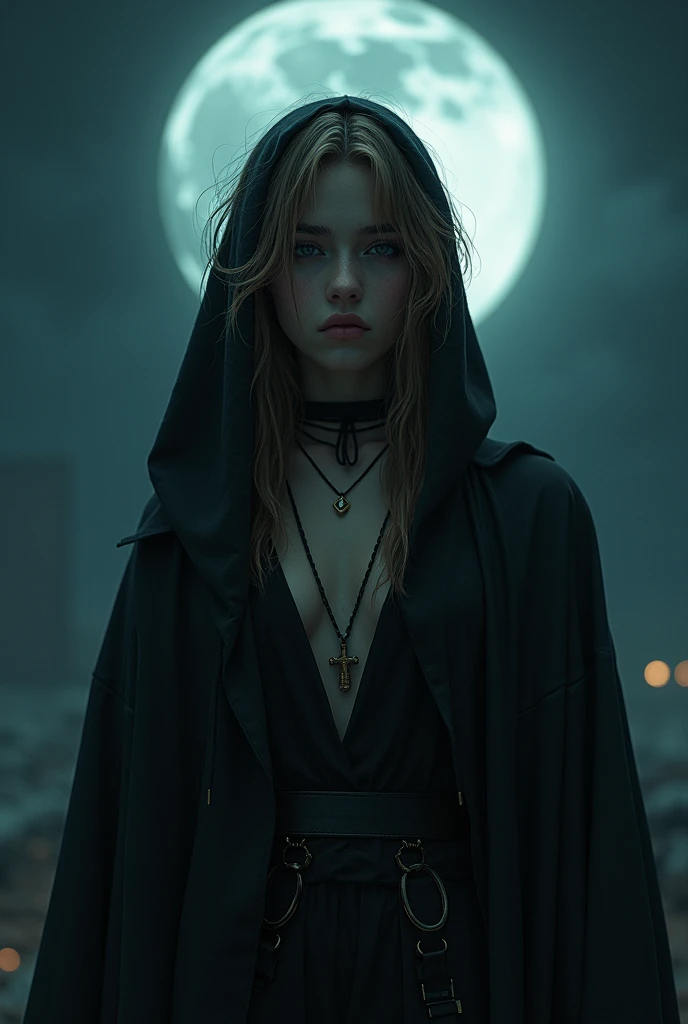 Young Brazilian alternative grunge style human with normal clothes fascinated by Greek mythology and supernatural creatures, deep connection with the dark forces of the night, Horror and mystery RPG set in modern times, the basic image, occultist, medium size hair, light brown or dark blonde , very clear skin, with a cloak, without a cross necklace, at night with the moon