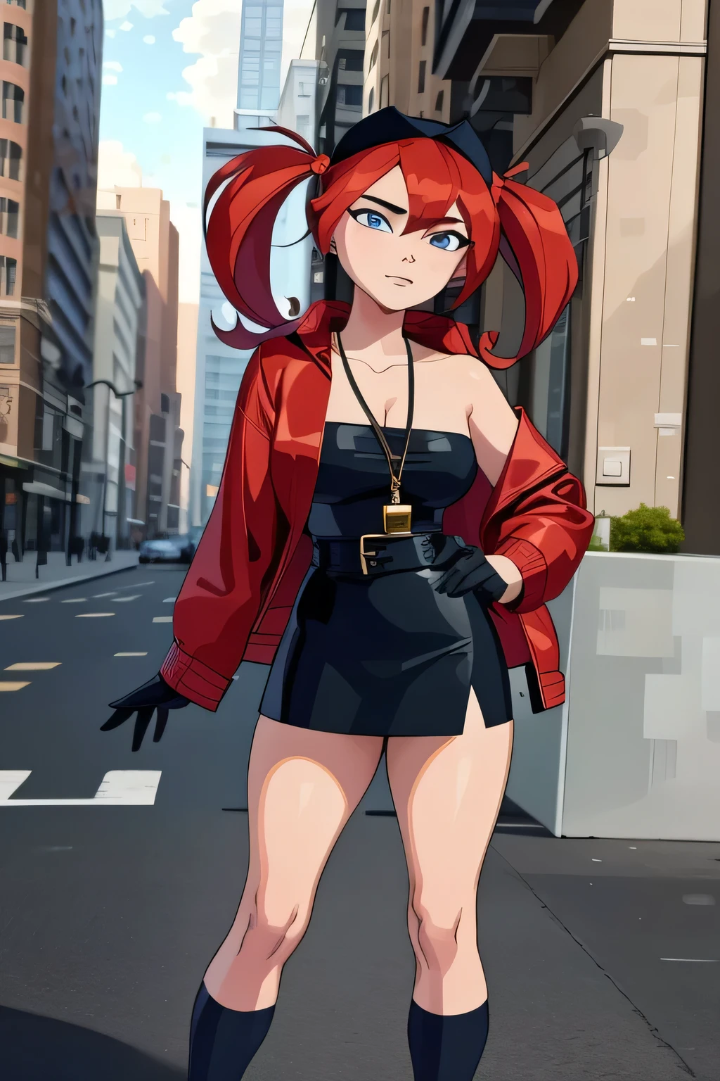 A highly detailed and realistic 3D model of a young woman standing confidently in front of an orange wall. She has red hair styled in twintails and blue eyes. She is wearing a red jacket over a black dress, black gloves, and thigh-high white socks. She has a pair of sunglasses resting on her head. The model should include subtle movement in her hair and the fabric of her jacket, as if a gentle breeze is passing through. The scene is set on a concrete surface with shadows cast on the ground, providing a realistic urban environment. The background should be simple and indoors with neutral colors. The model should be photorealistic and highly detailed, showcasing the character's stylish and modern look. Ensure that the model captures her confident posture and natural proportions, with special attention to the detailed outfit and accessories.