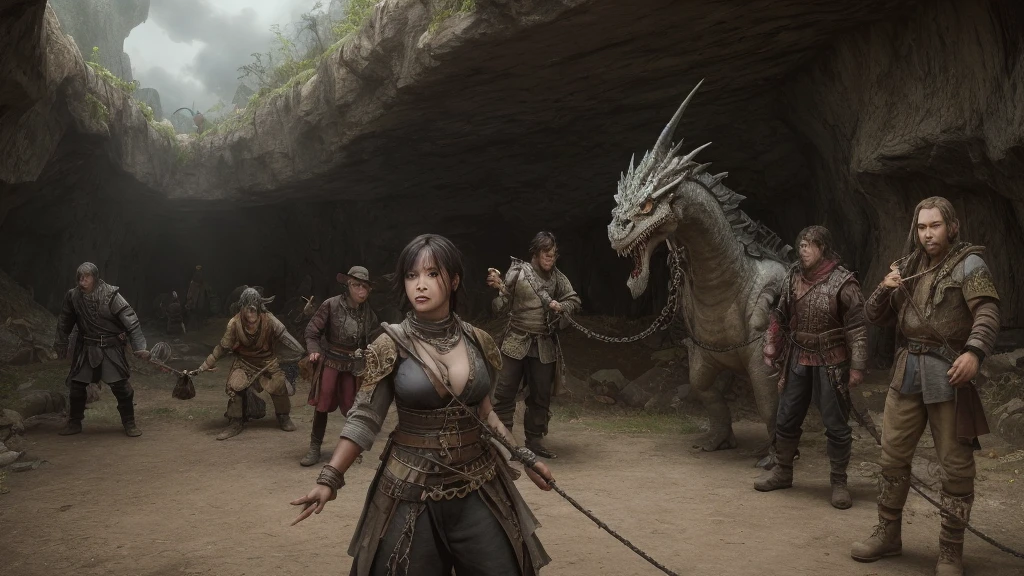 Create an undead dragon tied to chains, with a group of Dangeons and Dragons of adventurers in front of you, one of the people in the group is a woman holding a shotgun, ultra realistic, the place is a cave, several chains on the dragon's wings, the dragon must be chained, big chains, you can see the dragon's bones, ultra realistic, face details