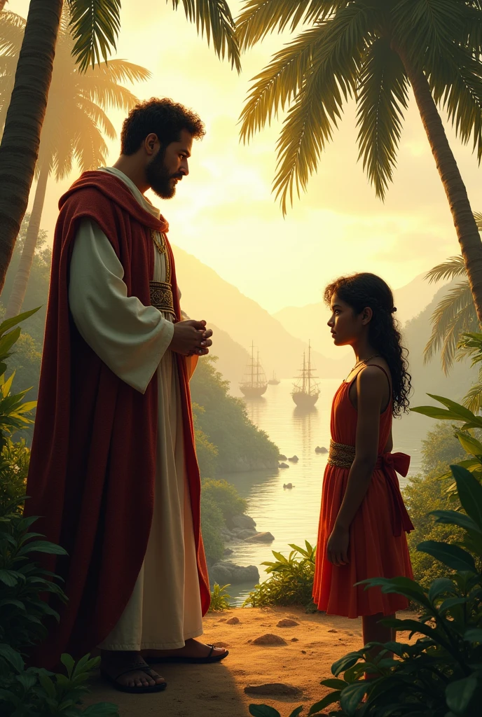 Viñeta 1: Arrival of the Dominican Missionaries (1565)Dominican Missionary: "We have arrived in these lands with faith in Mary, Mother of Jesus."Local inhabitant: "What is this new faith that they bring us?" Create a realistic image with the dialogue being a little more realistic