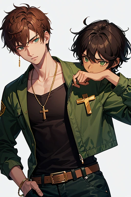 16 year old black boy, reddish brown hair short messy side cut, green eyes, green jacket, yellow shirt, blue jeans, slim build, black belt, necklace with a gold cross, looking directly at viewer, white background.