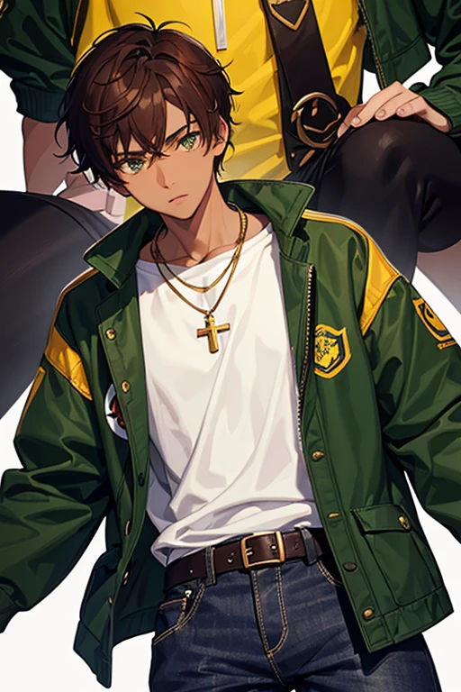 16 year old black boy, reddish brown hair short messy side cut, green eyes, green jacket, yellow shirt, blue jeans, slim build, black belt, necklace with a gold cross, looking directly at viewer, white background.
