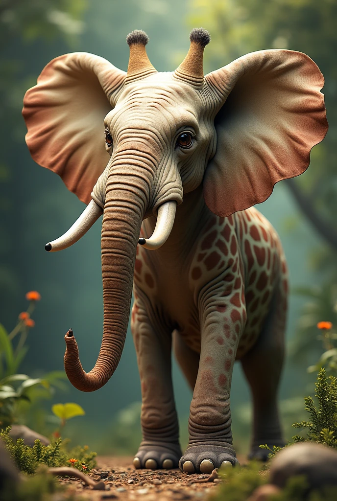 a picture of an animal with an elephant body, Giraffe neck, giraffe ears, elephant trunk,  giraffe-spotted body