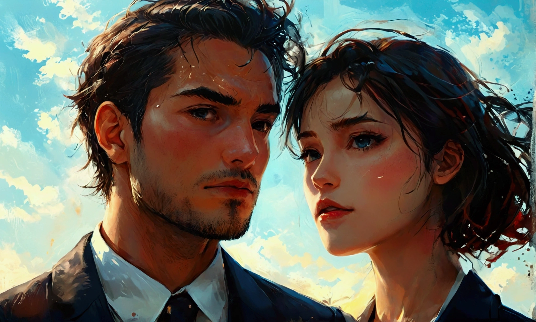 A MAN AND A WOMAN IN SUITS,manga style,manga style art,manga style art,manga style art,manga style
