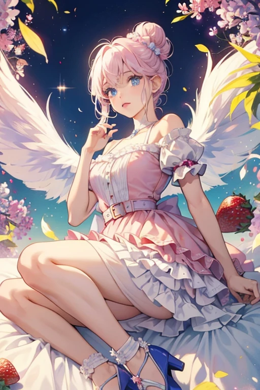 Fria Froyo is a light-skinned girl with blue eyes and light pink lips. She has lilac hair with right swept bangs, styled in a bun which has strawberries, blueberries and whipped cream around it. She wears a white halter dress with pastel yellow detail and belt. The ruffled, layered skirt has pale pink around the bottom, and on the back of her dress are angel wings. She also wears pastel yellow platforms with bows and strawberry decorations. SPARKLE; GLITTER