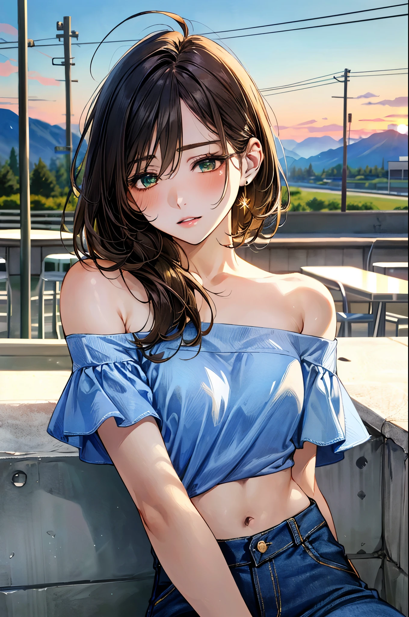 a stunning masterpiece,High resolution portrait of a beautiful detailed girl with long hair, Shiny brown hair and charming green eyes, ((Wear a comfortable sweater,thin, off-shoulder), (Open shirt, off-shoulder shirt), Her bright smile accentuated her small, perfect breasts, Sitting on the sofa at home,