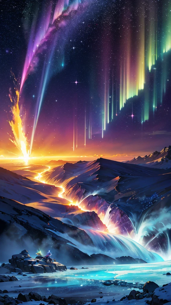 golden light, fire explosion, purple waves crashing behind, green and blue tornado, white blizzard, aurora borealis, flaming sun, flying rocks and ice, bright light, magic, sparkles, disastrous