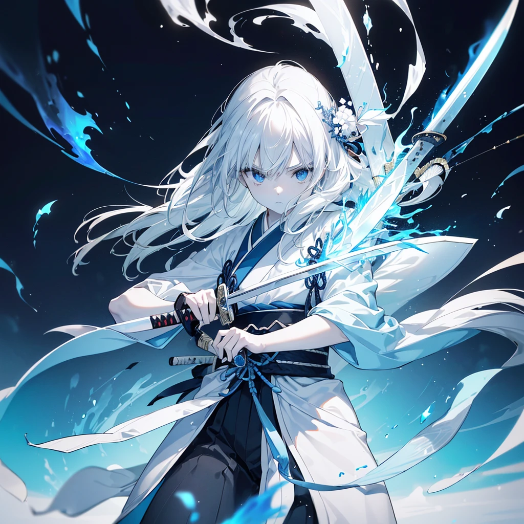 One woman,Very white skin,Transparent((have,Long sword,Japanese sword,Two,Blue Flame,Reflection of light))Close-up Background((Center Part,Black and White,1:1)) Dual-wielding samurai,Focus,He has the dignity of a general.,overwhelm,ambition