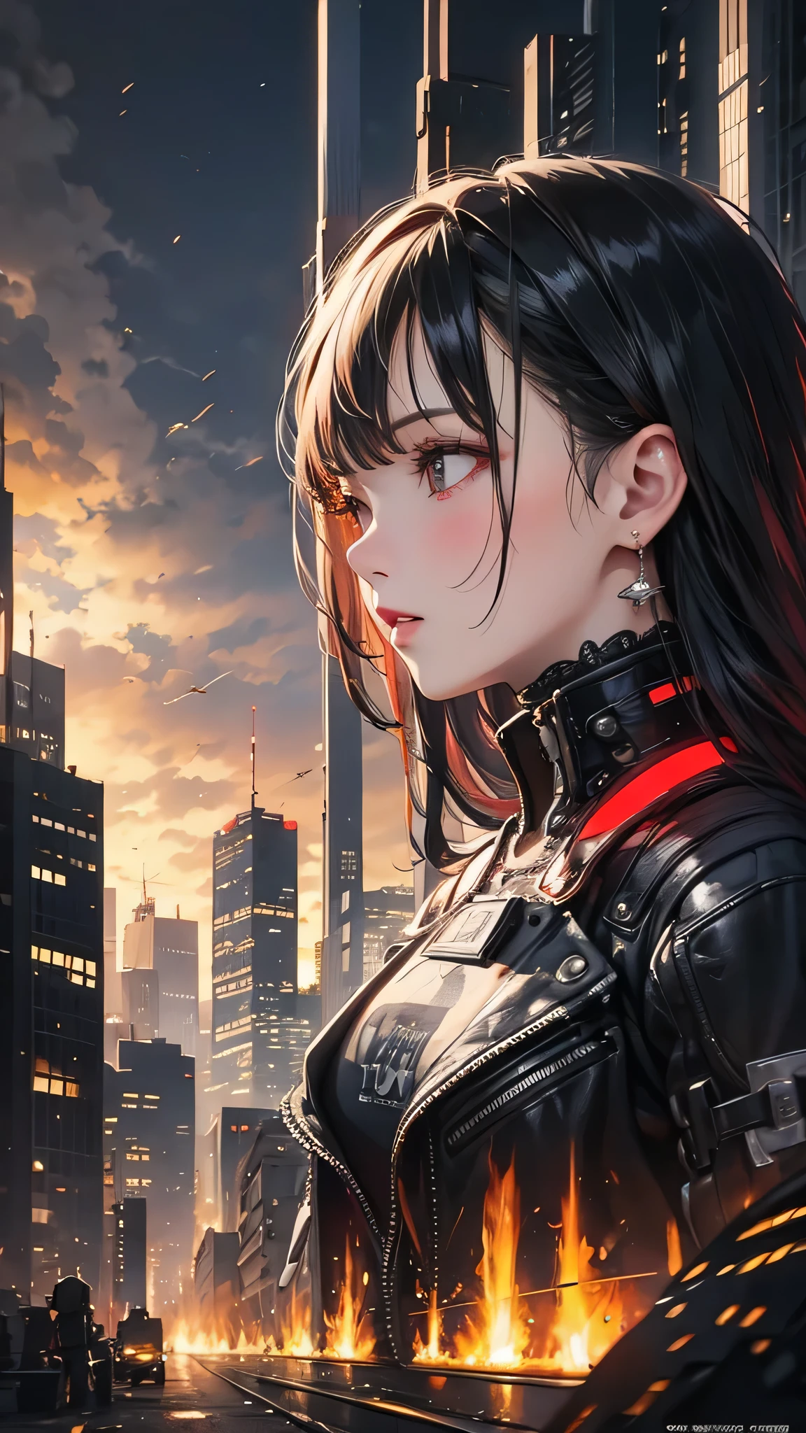 (masterpiece:1.3), (Best Cinematic Quality:1.2), (Very detailed settings:2), (soft+Artistic lighting), (One person), ショートヘアred, (eye+yellow+red:1.4), (redeye+Heterochromia iridis), wearing cyberpunk clothes, Futuristic, Technical, Cityscape (Around the robot)0.4], Creating a dramatic landscape.