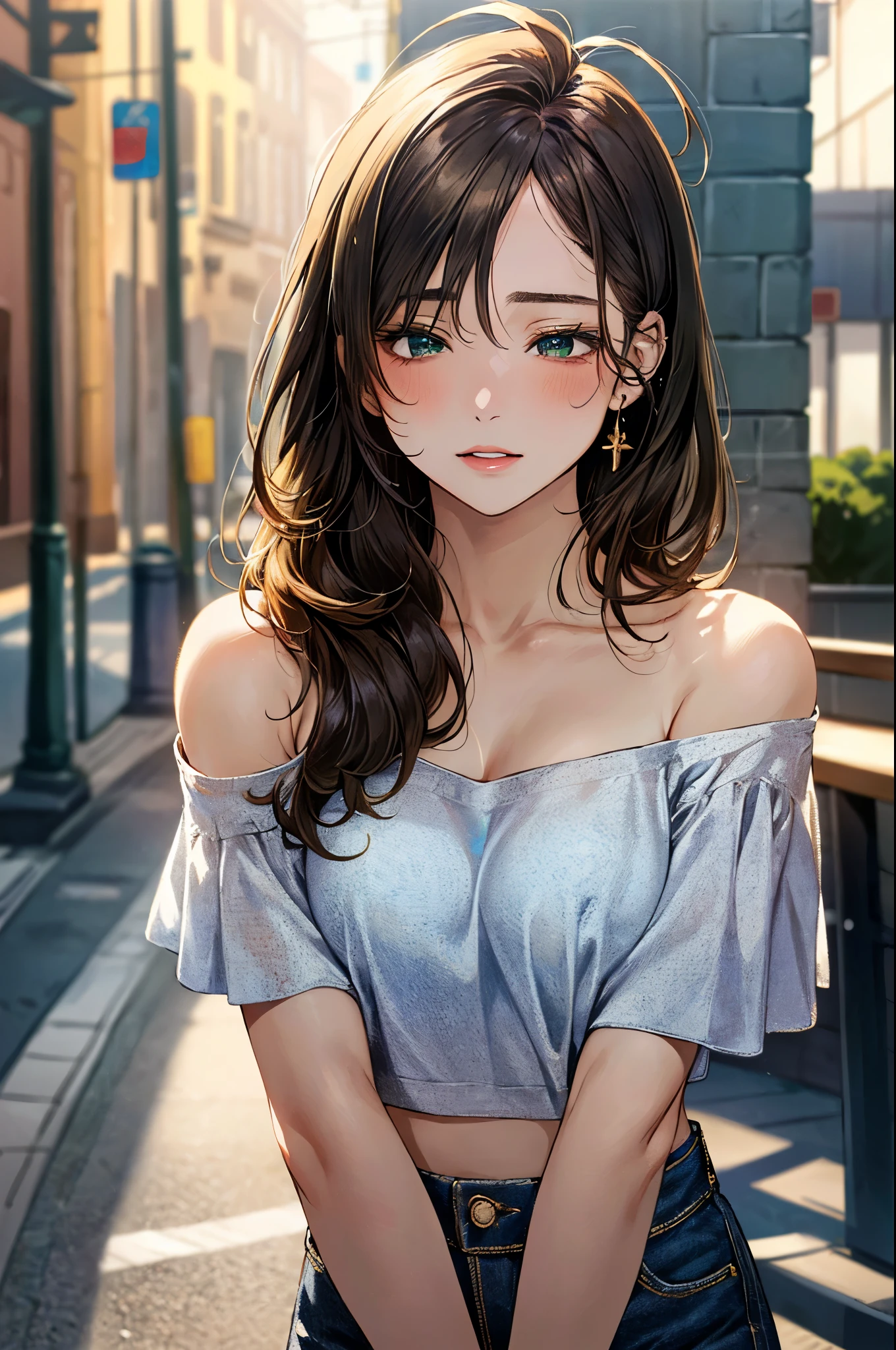 (masterpiece:1.3, top-quality, ultra high res, ultra detailed), (realistic, photorealistic:1.4), beautiful illustration, perfect lighting, natural lighting, colorful, depth of fields, surrealism,
beautiful detailed hair, beautiful detailed face, beautiful detailed eyes, beautiful clavicle, beautiful body, beautiful chest, beautiful thigh, beautiful legs, beautiful fingers,
looking at viewer, (close-up, face focus, upper body), 1 girl, high school girl, (perfect anatomy, anatomically correct, super detailed skin), cute and symmetrical face, babyface, perfect face, perfect eyes, shiny skin,
(short hair, sideburns, straight hair, light brown hair), ahoge, hair between eyes, blue-green eyes, big eyes, long eyelashes, (medium breasts, seductive thighs), slender, narrow waist,
(detailed cloth texture, break short sleeve off- shoulder gold shirt, midriff:1.2, break denim tight skirt), break
(beautiful scenery), evening, (caffee:1.2), ((hair twirling)), (head tilt, (closed eyes), parted lips),