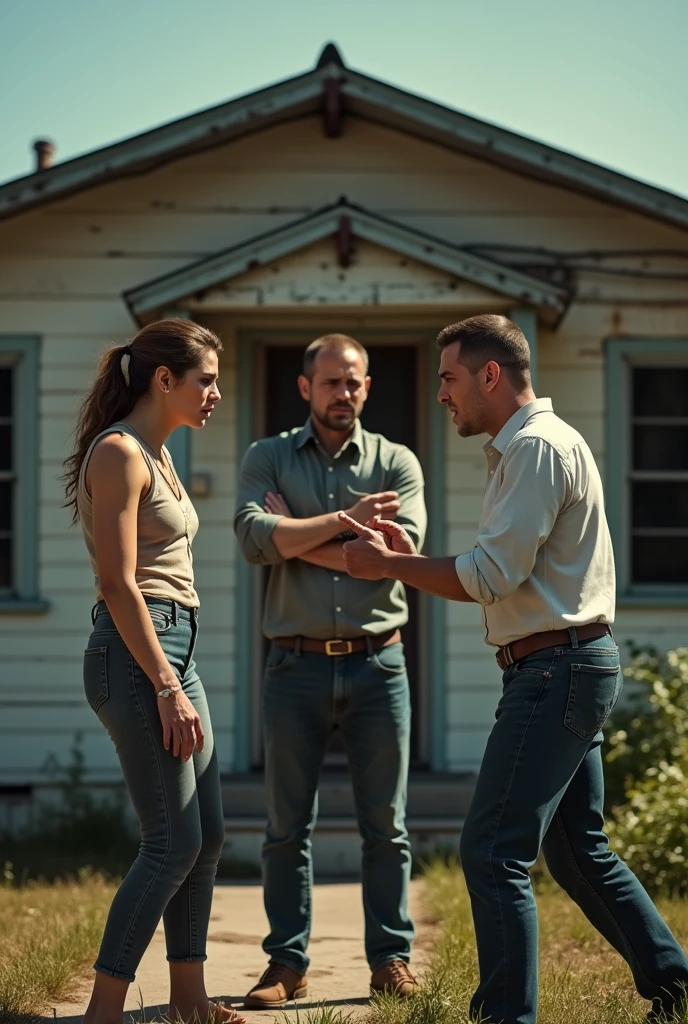 a woman fighting with a man and another  Man trying to calm them both down and a woman further back watching , all in front of a house during the day. everyone exhausted.