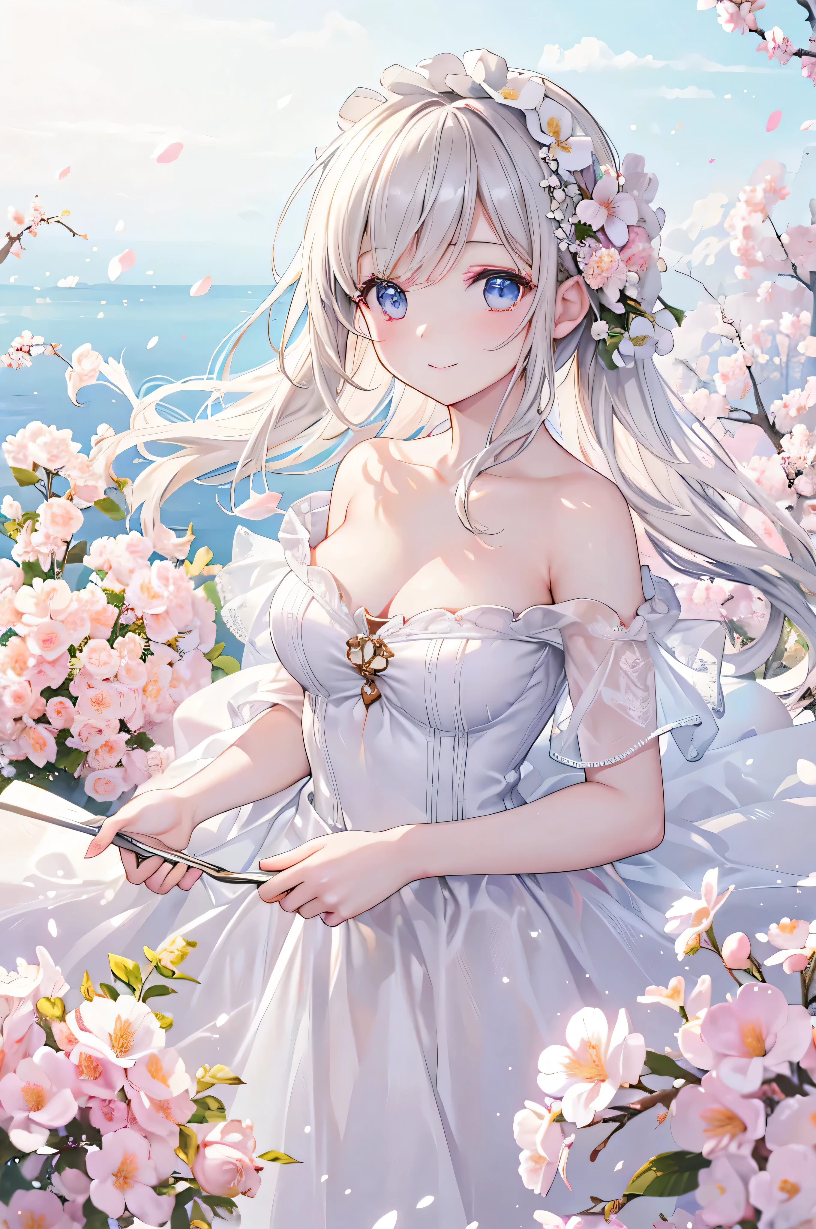 Highest quality, masterpiece, Ultra-high resolution, (Realistic:1.4), RAW Photos, One girl, White Dress, Off the shoulder, Flower Field, Glowing Skin, A light smile