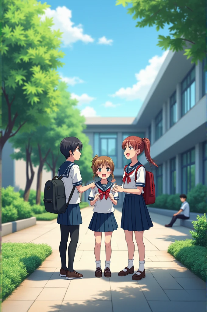 A school girl greeting her friends and a boy sitting alone.