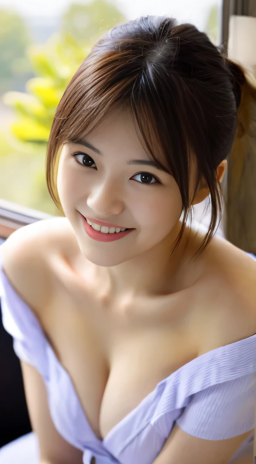 masterpiece,best quality,(Japanese girl),((Beautiful girl)),cleavage,(off shoulder:1.2),(perfect body beauty:1.2),(shy smile),beautiful teeth,From slightly above