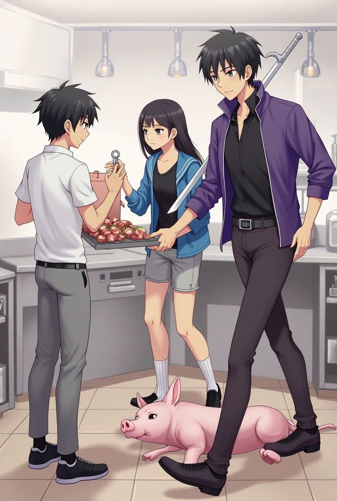 Young man, 18 years old, short black hair, wearing a white short-sleeved shirt, grey long pants, and chef's shoes, is cooking. A girl, 16 years old, has long black hair, wearing a black shirt, a blue long-sleeved shirt on the outside, silver shorts, and black shoes, is serving food. A girl, , has short black hair, wearing a purple jacket, wearing a black shirt on the inside, and black long pants, holding a sword and wrench, along with the remains of a pig that she herself butchered and gave to him.
