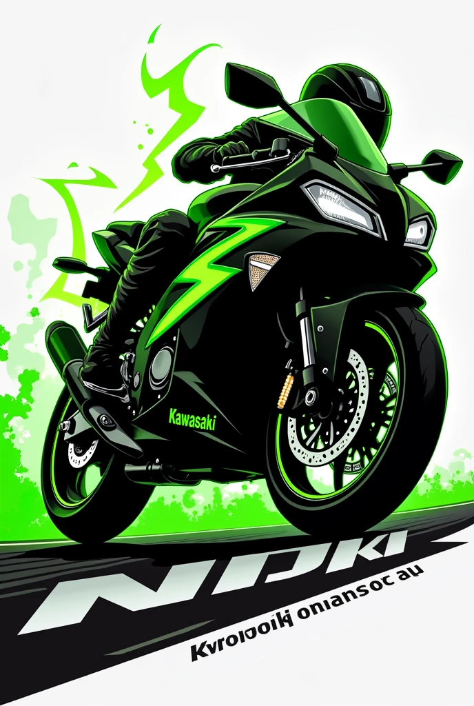 a logo themed on the black silhouette Green lightning bolt in the shape of a Kawasaki Ninja 300 motorcycle of cylinder capacity, falling on the track, The bike is in profile and under the surface it says "Green ray" "You don&#39;t need wings to fly" in Spanish, It's a cartoon and eye-catching 