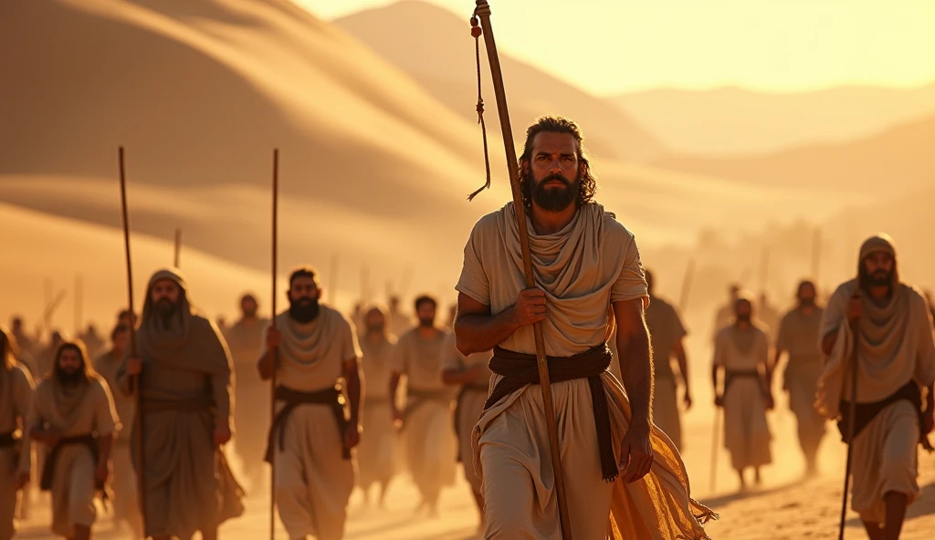 Moses leading the Hebrew people towards , crossing the desert. The image captures determination and hope, with sand dunes and a bright sun in the background.