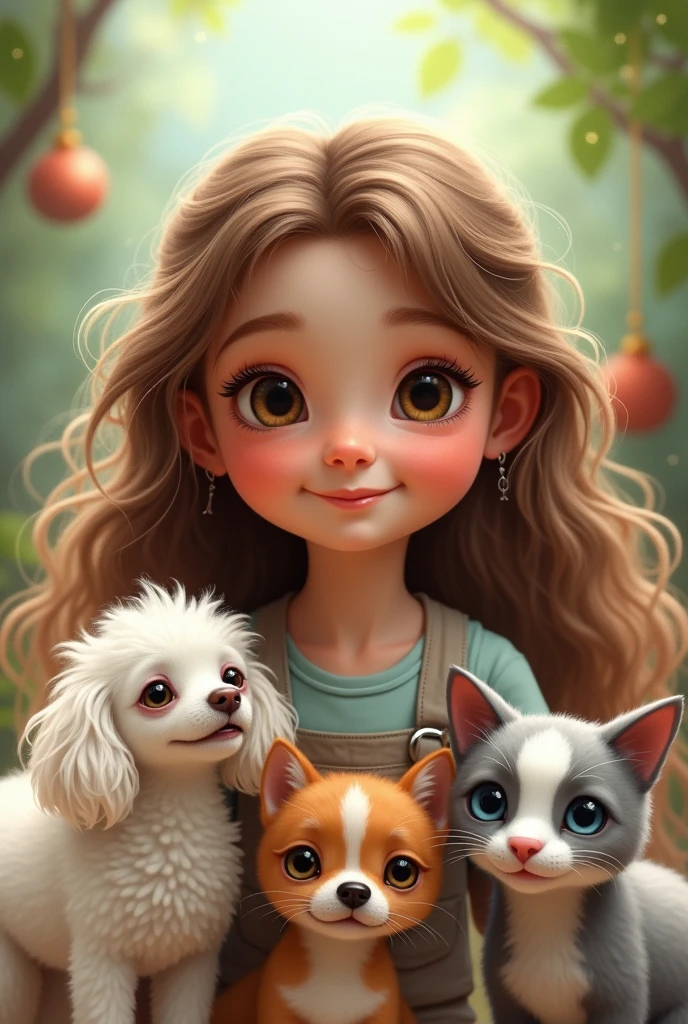 Girl with the following physical characteristics: brown wavy hair, large eyes, round, rosy cheeks. Must have three pets: a white poodle, A small, white, short-haired Chihuahua with a circular brown spot around one eye, and also a light gray cat with white that goes like a line from the eyes to the whole muzzle.