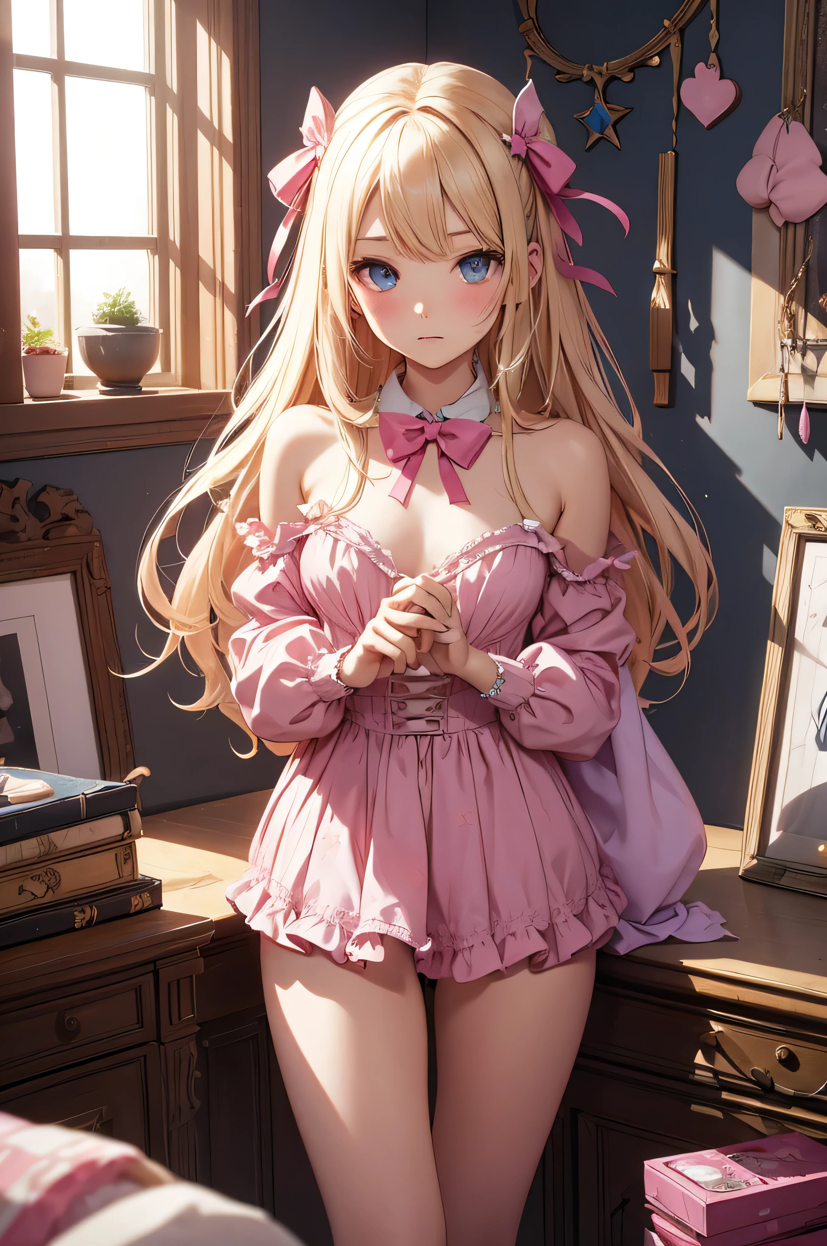 (masterpiece, Highest quality, Absolute Resolution, Real Stick, Realistic materials and textures, Perfect Anatomy), Break Subject: Girl in the photo subtitle: Junior high school girl, Thighs, small, cute, Blake Pink Kawaii Room , Pink Gothic Room, Messy room, March, Macaroons, candy, Heart Items, ribbon,Star Item, small window, (Miscellaneous items are placed in a disorganized manner:1.3),dresser, antimacassar , Big Breasts, Blonde, topless, naked, Blonde, blue eyes,