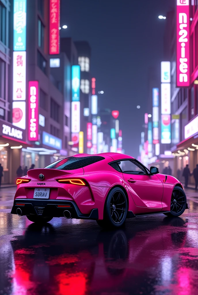 Generate an image of a pink Toyota Supra MK 4 in a 90s Tokyo Japan setting with purple and pink neon lights.