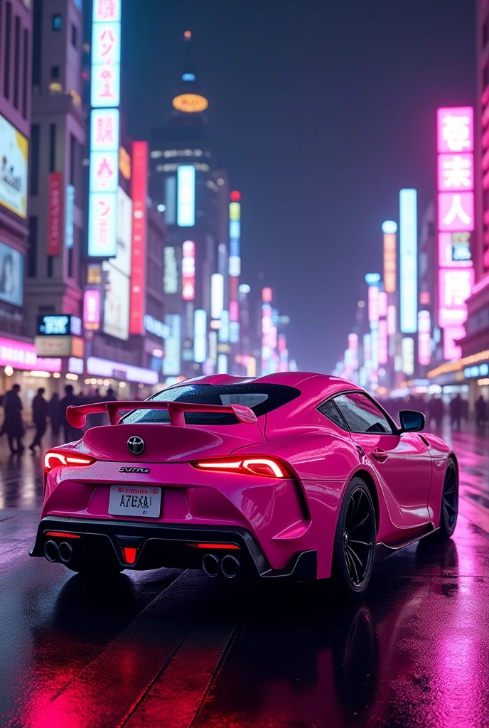 Generate an image of a pink Toyota Supra MK 4 in a 90s Tokyo Japan setting with purple and pink neon lights.
