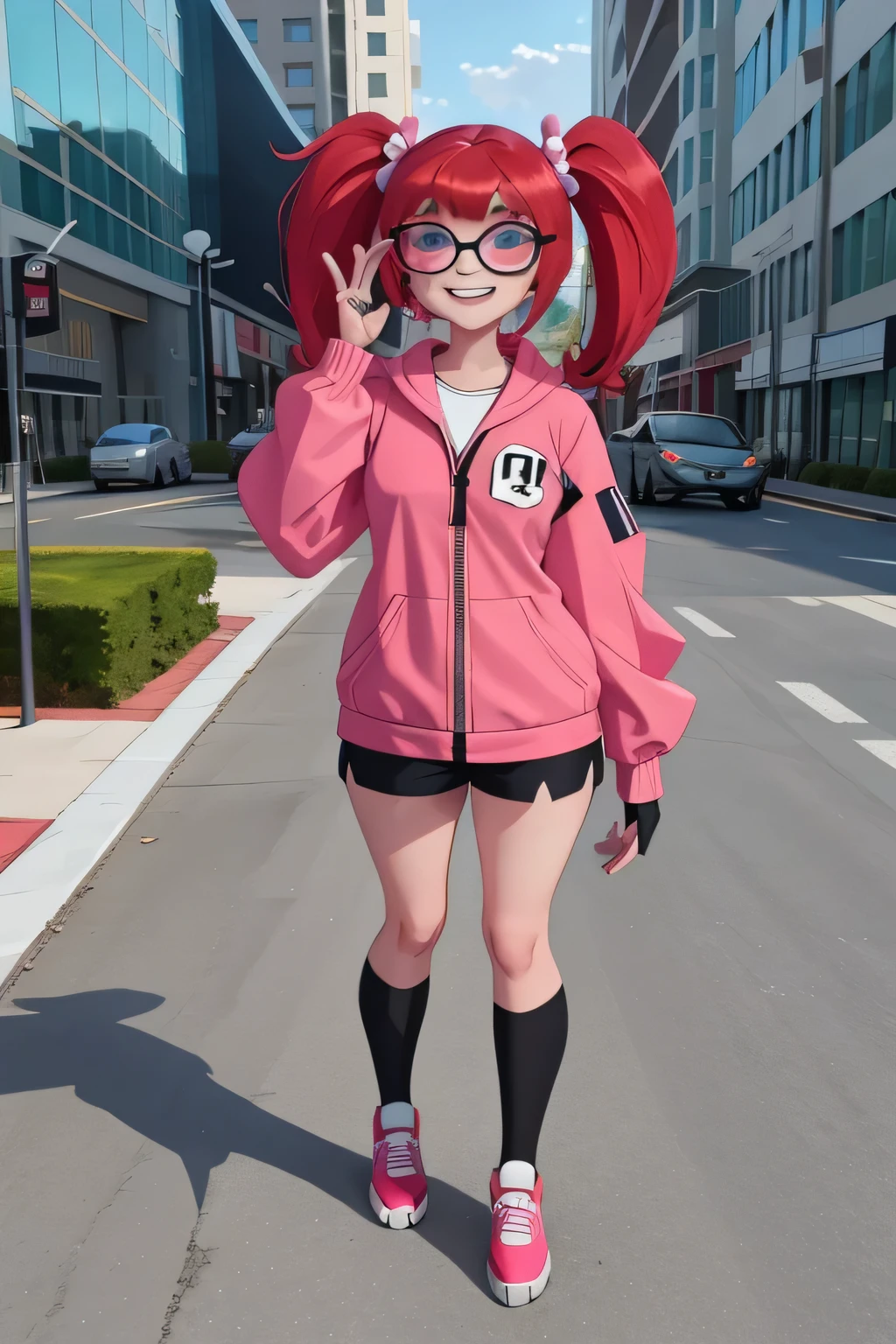 Alice,twintails,red eyes, blue hair, smirk, pink overall shorts, white shirt, white knee pads, pink shoes, pink jacket, upper body, smile, standing, outdoors, city, (insanely detailed, beautiful detailed face, masterpiece, best quality) A highly detailed and realistic 3D model of a young woman standing confidently in front of an orange wall. She has red hair styled in twintails and blue eyes. She is wearing a red jacket over a black dress, black gloves, and thigh-high white socks. She has a pair of sunglasses resting on her head. The model should include subtle movement in her hair and the fabric of her jacket, as if a gentle breeze is passing through. The scene is set on a concrete surface with shadows cast on the ground, providing a realistic urban environment. The background should be simple and indoors with neutral colors. The model should be photorealistic and highly detailed, showcasing the character's stylish and modern look. Ensure that the model captures her confident posture and natural proportions, with special attention to the detailed outfit and accessories, character design sheet, character sheet, full body,