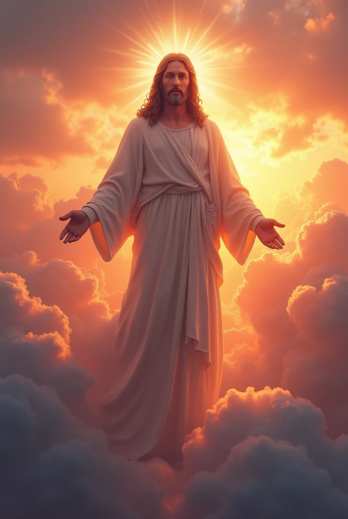 the hyperrealistic image of Jesus made by clouds in the sky at a wonderful sunset
